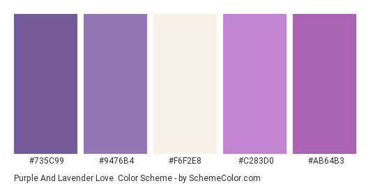 Purple and Lavender Love - Color scheme palette thumbnail - #735c99 #9476b4 #f6f2e8 #c283d0 #ab64b3 
