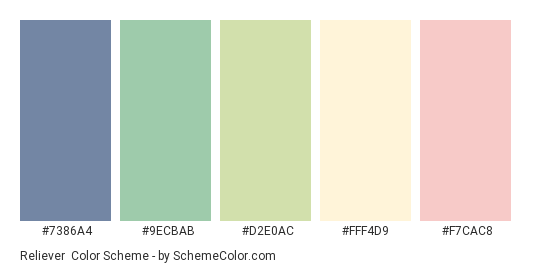 Reliever - Color scheme palette thumbnail - #7386A4 #9ECBAB #D2E0AC #FFF4D9 #F7CAC8 
