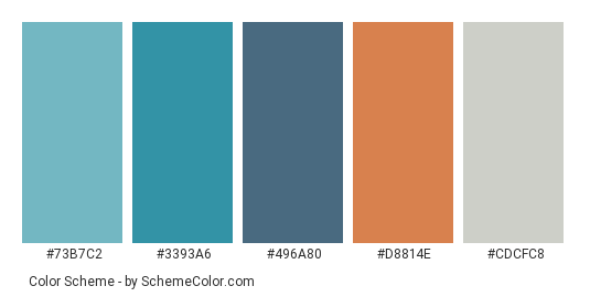 Peru View - Color scheme palette thumbnail - #73B7C2 #3393A6 #496A80 #D8814E #CDCFC8 
