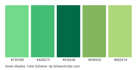 Green Shades - Color scheme palette thumbnail - #73D98B #42BD73 #036A48 #83B65D #AED67A 