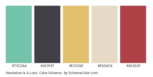 Hesitation is a Loss - Color scheme palette thumbnail - #73c2aa #423f47 #e2c06e #e6dac6 #ae4247 