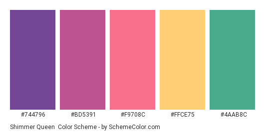 Shimmer Queen - Color scheme palette thumbnail - #744796 #BD5391 #F9708C #FFCE75 #4AAB8C 