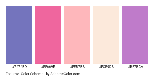 For Love - Color scheme palette thumbnail - #7474BD #EF669E #FEB7BB #FCE9DB #BF7BCA 