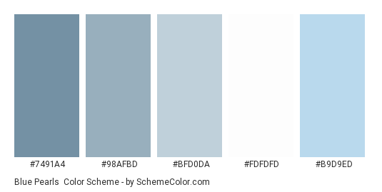 Blue Pearls - Color scheme palette thumbnail - #7491a4 #98afbd #bfd0da #fdfdfd #b9d9ed 