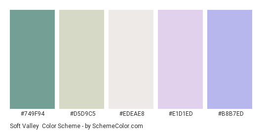 Soft Valley - Color scheme palette thumbnail - #749F94 #D5D9C5 #EDEAE8 #E1D1ED #B8B7ED 