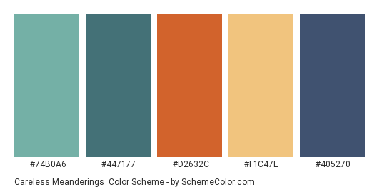 Careless Meanderings - Color scheme palette thumbnail - #74B0A6 #447177 #D2632C #F1C47E #405270 