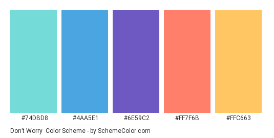 Don’t Worry - Color scheme palette thumbnail - #74DBD8 #4AA5E1 #6E59C2 #FF7F6B #FFC663 
