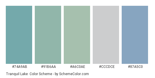 Tranquil Lake - Color scheme palette thumbnail - #74a9ab #91b6aa #a6c0ae #cccdce #87a5c0 