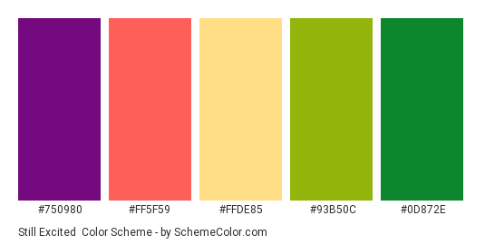 Still Excited - Color scheme palette thumbnail - #750980 #FF5F59 #FFDE85 #93b50c #0d872e 