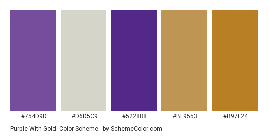 Purple with Gold - Color scheme palette thumbnail - #754D9D #D6D5C9 #522888 #BF9553 #B97F24 