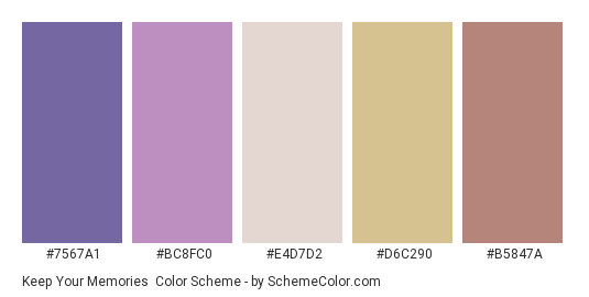 Keep Your Memories - Color scheme palette thumbnail - #7567A1 #BC8FC0 #E4D7D2 #D6C290 #B5847A 