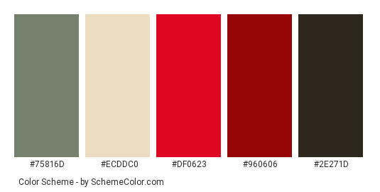 Joy Of Life Selective Red - Color scheme palette thumbnail - #75816d #ecddc0 #df0623 #960606 #2e271d 