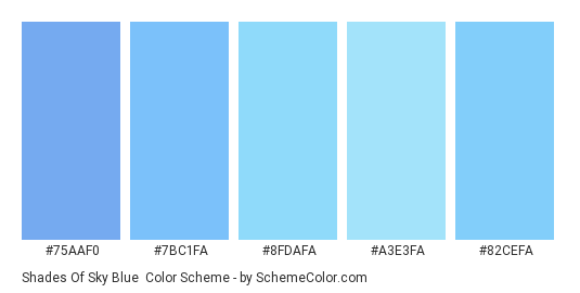 Shades of Sky Blue - Color scheme palette thumbnail - #75AAF0 #7BC1FA #8FDAFA #A3E3FA #82CEFA 