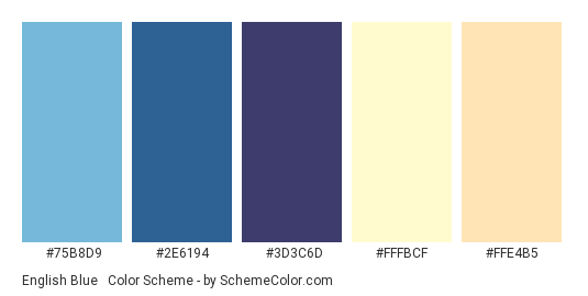 English Blue & Cream - Color scheme palette thumbnail - #75B8D9 #2E6194 #3D3C6D #FFFBCF #FFE4B5 