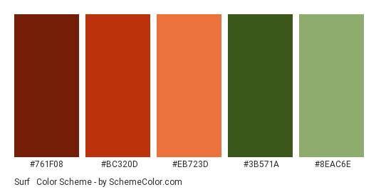 Surf & Turf - Color scheme palette thumbnail - #761F08 #BC320D #EB723D #3B571A #8EAC6E 