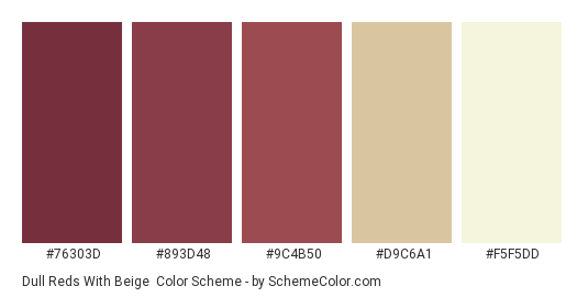 Dull Reds with Beige - Color scheme palette thumbnail - #76303D #893D48 #9C4B50 #D9C6A1 #F5F5DD 