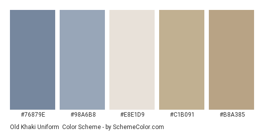 Old Khaki Uniform - Color scheme palette thumbnail - #76879e #98a6b8 #e8e1d9 #c1b091 #b8a385 