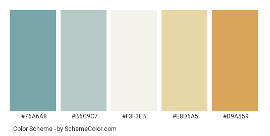 Colored Pumpkin - Color scheme palette thumbnail - #76A6A8 #B6C9C7 #F3F3EB #E8D6A5 #D9A559 