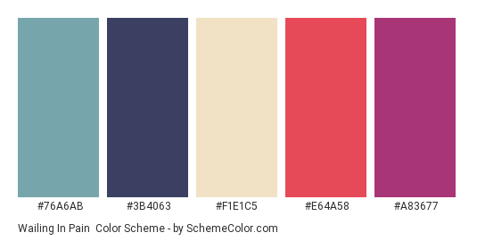 Wailing in Pain - Color scheme palette thumbnail - #76A6AB #3B4063 #F1E1C5 #E64A58 #A83677 