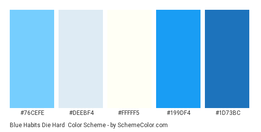 Blue Habits Die Hard - Color scheme palette thumbnail - #76cefe #deebf4 #fffff5 #199df4 #1d73bc 