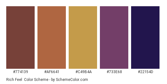 Rich Feel - Color scheme palette thumbnail - #774139 #AF6641 #C49B4A #733E68 #22154D 
