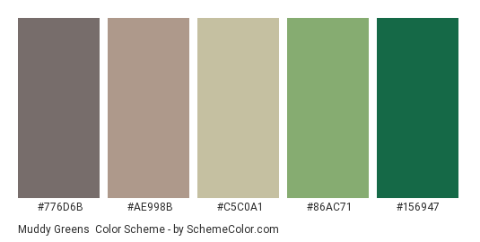 Muddy Greens - Color scheme palette thumbnail - #776d6b #ae998b #c5c0a1 #86ac71 #156947 