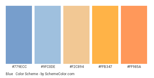 Blue & Orange Pastel - Color scheme palette thumbnail - #779ecc #9fc0de #f2c894 #ffb347 #ff985a 