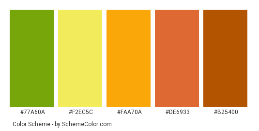 Autumn Leafs - Color scheme palette thumbnail - #77A60A #F2EC5C #FAA70A #DE6933 #B25400 