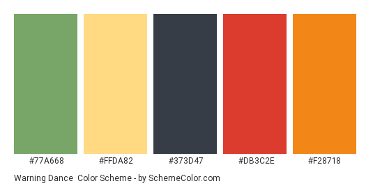 Warning Dance - Color scheme palette thumbnail - #77A668 #FFDA82 #373D47 #DB3C2E #F28718 