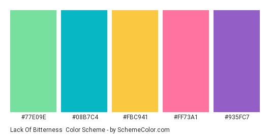 Lack of Bitterness - Color scheme palette thumbnail - #77E09E #08B7C4 #FBC941 #FF73A1 #935FC7 