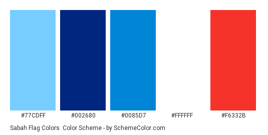 Sabah Flag Colors - Color scheme palette thumbnail - #77cdff #002680 #0085d7 #ffffff #f6332b 