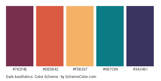 Dark Aesthetics - Color scheme palette thumbnail - #782F4E #DB5B42 #F5B267 #0B7C86 #3A3461 