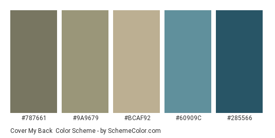 Cover my Back - Color scheme palette thumbnail - #787661 #9A9679 #bcaf92 #60909c #285566 