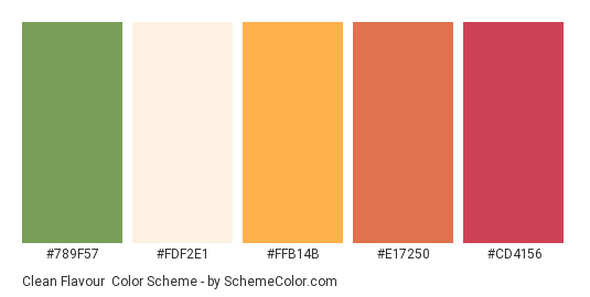 Clean Flavour - Color scheme palette thumbnail - #789F57 #FDF2E1 #FFB14B #E17250 #CD4156 