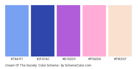 Cream of the Society - Color scheme palette thumbnail - #78a1f1 #2f47ac #B15DD9 #FFADD6 #F9E0CF 