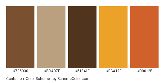 Confusion - Color scheme palette thumbnail - #795030 #bba07f #51341e #eca128 #d0612b 