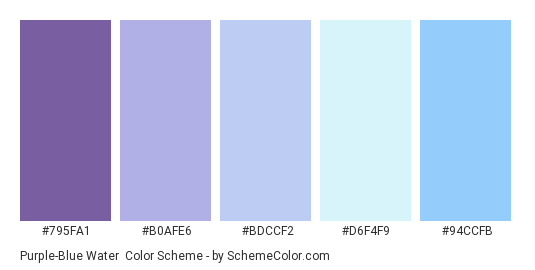 Purple-Blue Water - Color scheme palette thumbnail - #795FA1 #B0AFE6 #BDCCF2 #D6F4F9 #94CCFB 
