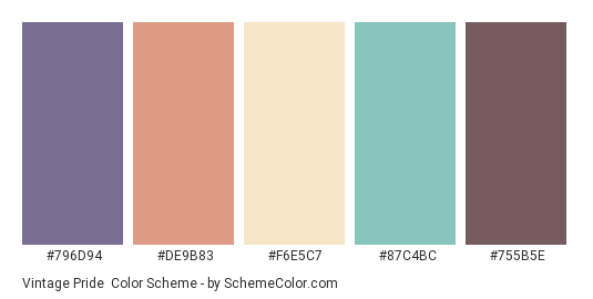 Vintage Pride - Color scheme palette thumbnail - #796D94 #DE9B83 #F6E5C7 #87C4BC #755B5E 