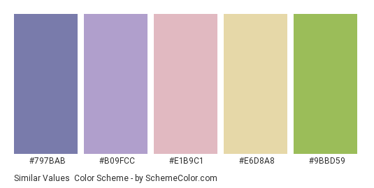 Similar Values - Color scheme palette thumbnail - #797BAB #B09FCC #E1B9C1 #e6d8a8 #9bbd59 