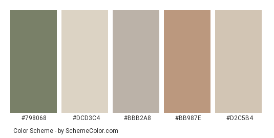Ready for a Bath? - Color scheme palette thumbnail - #798068 #dcd3c4 #bbb2a8 #bb987e #d2c5b4 