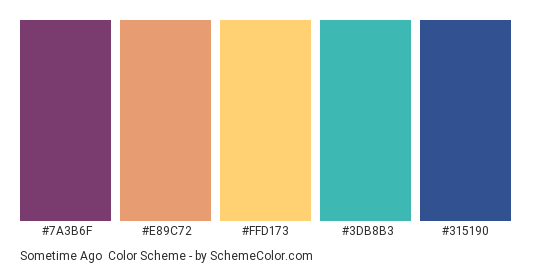 Sometime Ago - Color scheme palette thumbnail - #7A3B6F #E89C72 #FFD173 #3DB8B3 #315190 