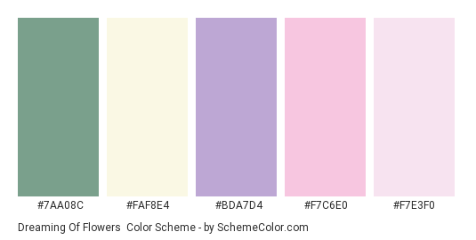 Dreaming of Flowers - Color scheme palette thumbnail - #7AA08C #FAF8E4 #BDA7D4 #F7C6E0 #F7E3F0 