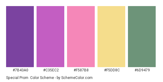 Special Prom - Color scheme palette thumbnail - #7B43A0 #C35EC2 #F587B8 #F5DD8C #6D9479 