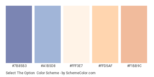 Select The Option - Color scheme palette thumbnail - #7B85B3 #A1B5D8 #FFF3E7 #FFD5AF #F1BB9C 
