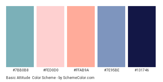Basic Attitude - Color scheme palette thumbnail - #7BB0B8 #FED0D0 #FFAB9A #7E95BE #131746 