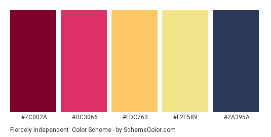 Fiercely Independent - Color scheme palette thumbnail - #7C002A #DC3066 #FDC763 #F2E589 #2A395A 
