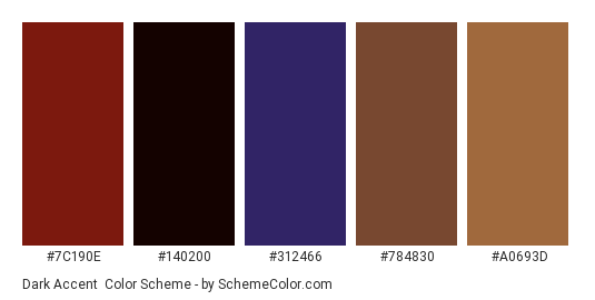 Dark Accent - Color scheme palette thumbnail - #7C190E #140200 #312466 #784830 #A0693D 