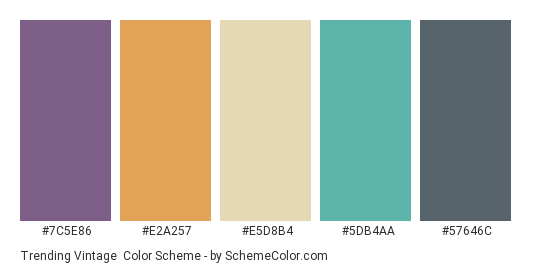 Trending Vintage - Color scheme palette thumbnail - #7C5E86 #E2A257 #E5D8B4 #5DB4AA #57646C 