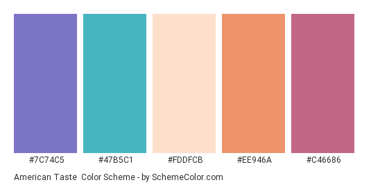 American Taste - Color scheme palette thumbnail - #7C74C5 #47B5C1 #FDDFCB #EE946A #C46686 