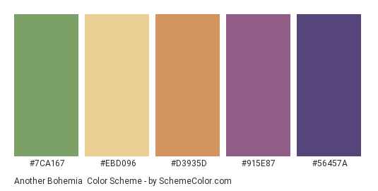 Another Bohemia - Color scheme palette thumbnail - #7CA167 #EBD096 #D3935D #915E87 #56457A 